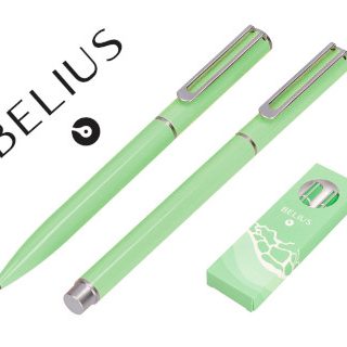 juego-boligrafo-y-roller-belius-endless-summer-aluminio-verde-y-plateado-tinta-azul-bis-papelería-telli