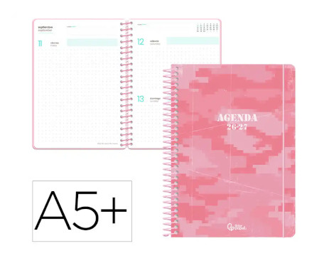 agenda-escolar-liderpapel-26-27-espiral-a5+-d/p-military-rosa-papelería-telli