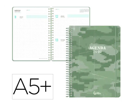 agenda-escolar-liderpapel-26-27-espiral-a5+-d/p-military-verde-papelería-telli